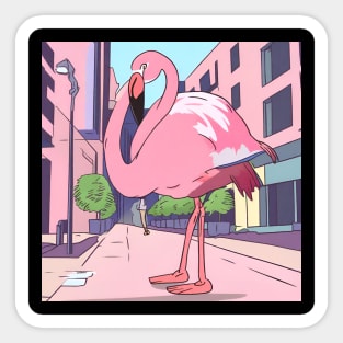 flamingo walking in the city street Sticker